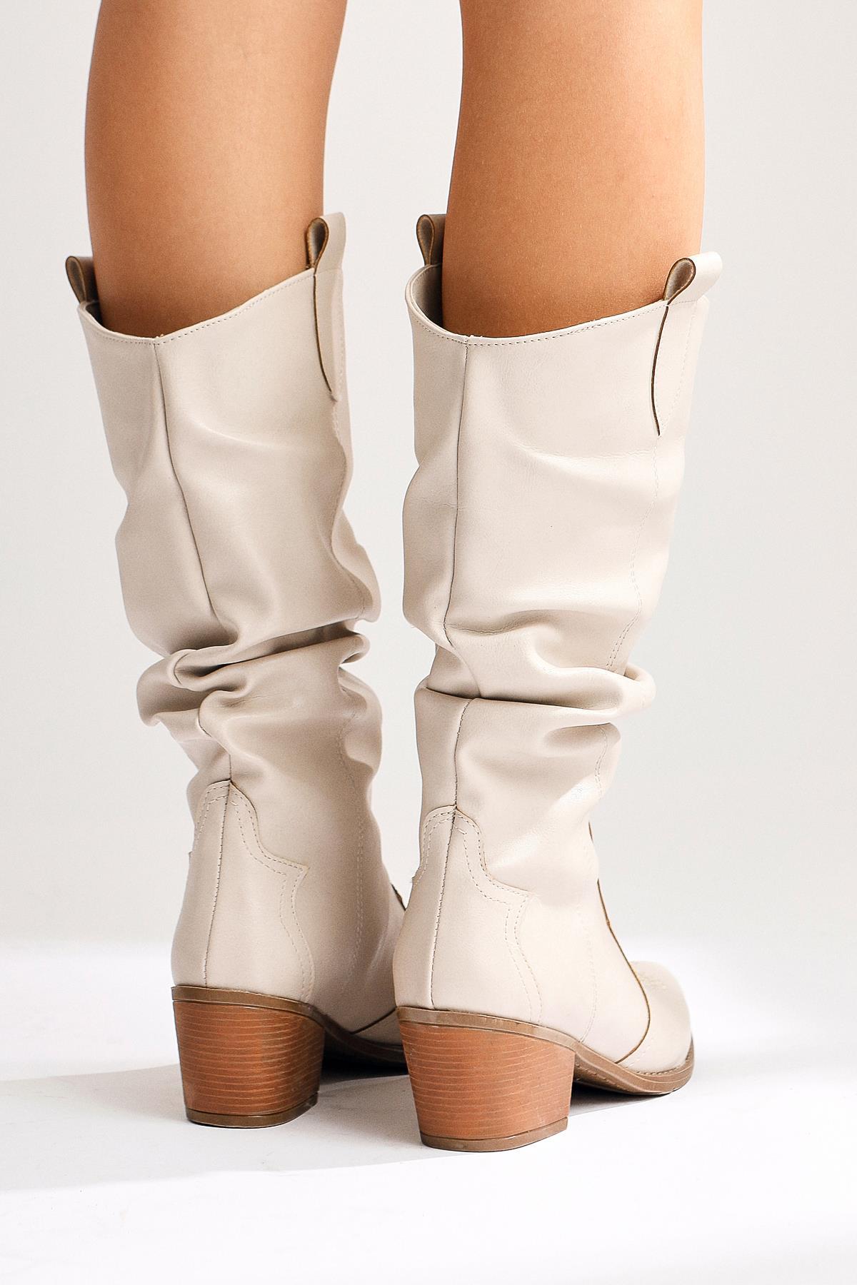 Lise-Britt Beige Gusseted Embroidered Western Boots
