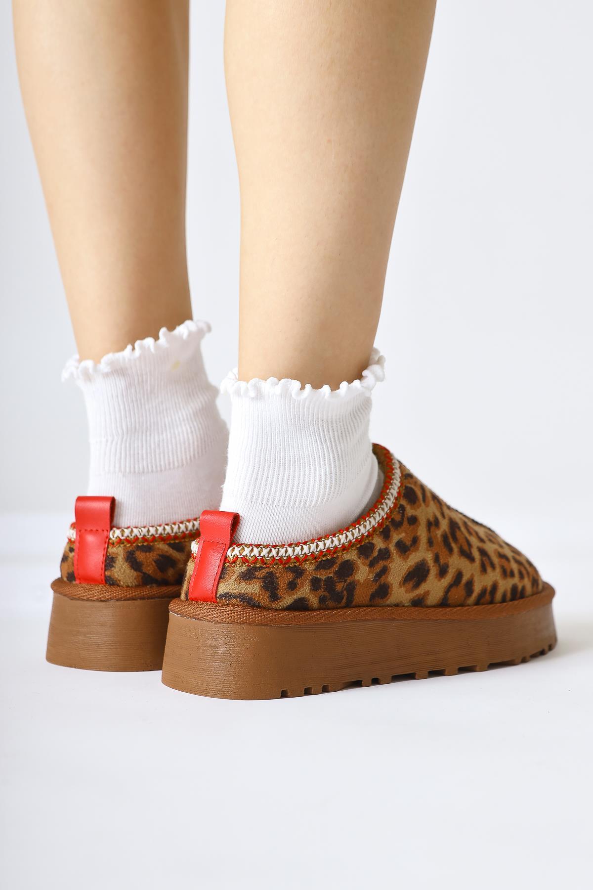 Anne-Liis Leopard Patterned Suede Woven Detailed Winter Slippers