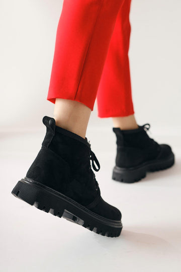 Venetia – Black Suede Oval-Toe Lace-Up Boot