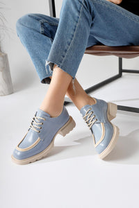 Niven Blue Crinkle Patent Leather Beige Detailed Loafers