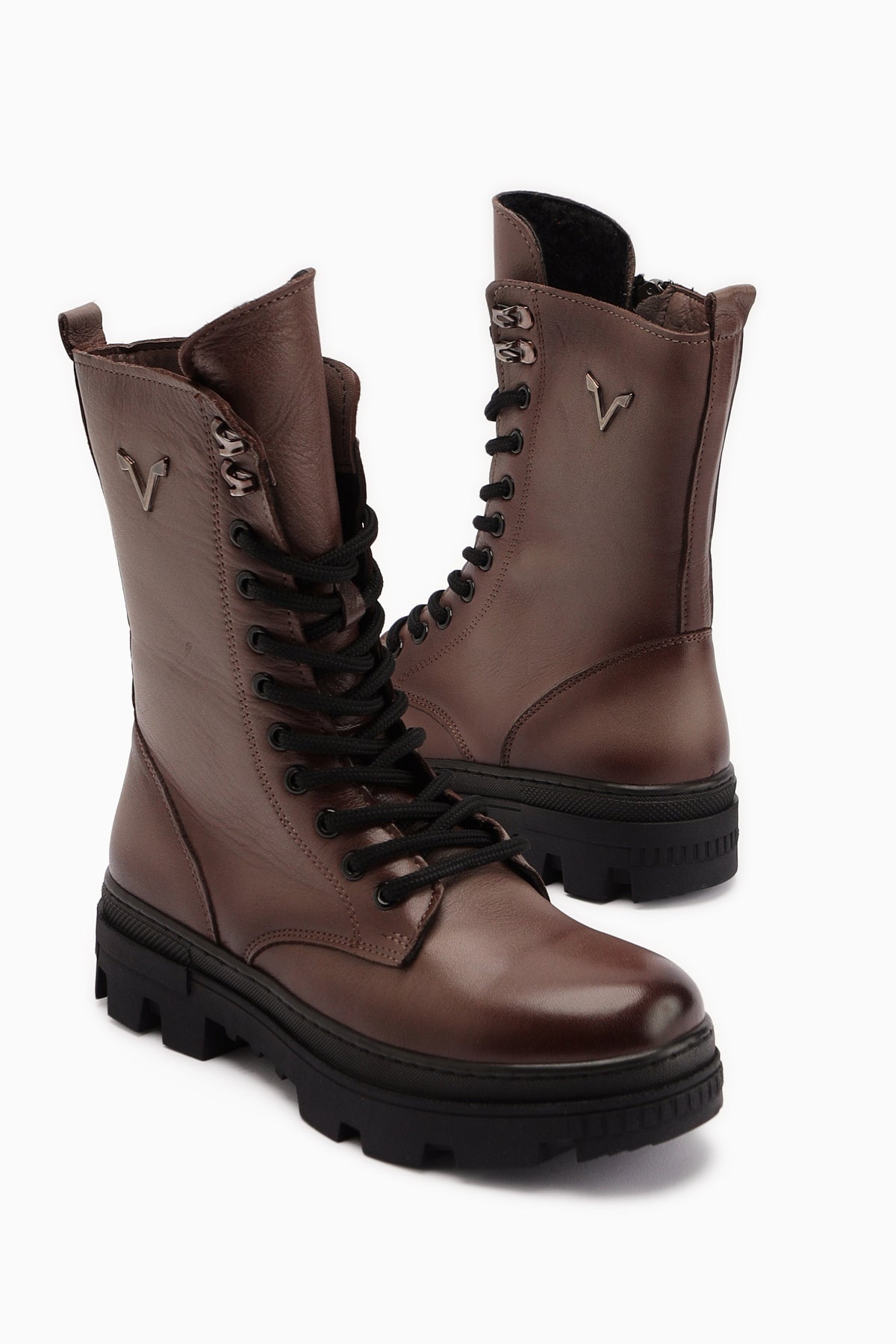 Sanela – Taupe Echtleder Combat-Stiefel (Damen)