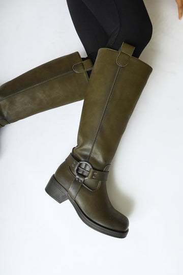 Soleil Khaki Gürtel Detail Pull-On Stiefel