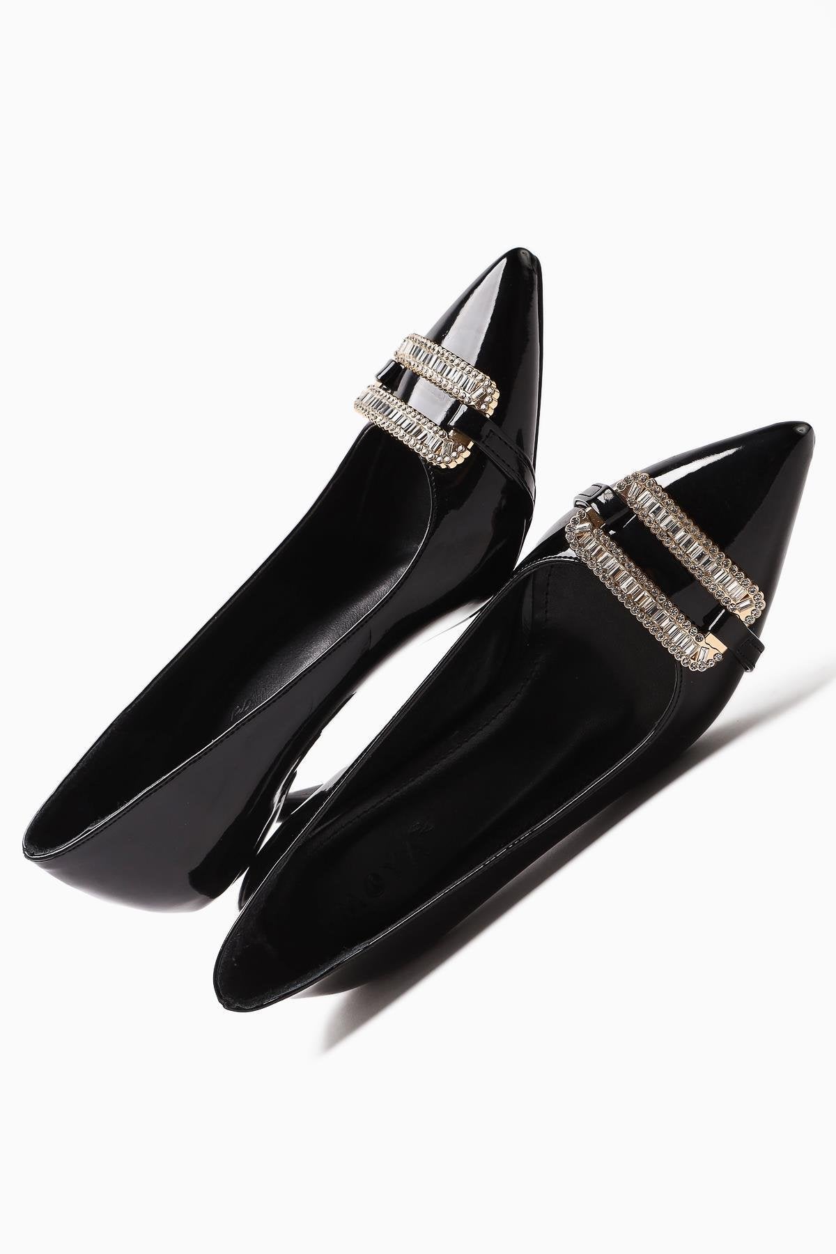 Ania Black Patent Leather Pointed Toe Stone Buckle Detailed Heeled Women's Shoes