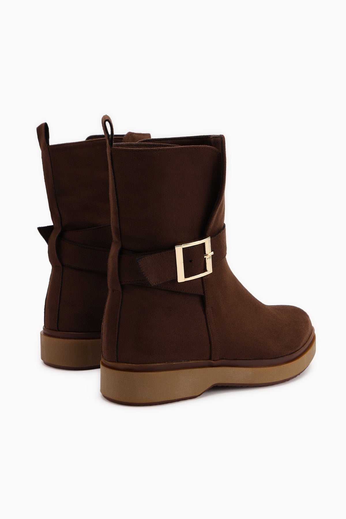 Behnoush Brown Suede Oval Toe Buckle Detail Boot