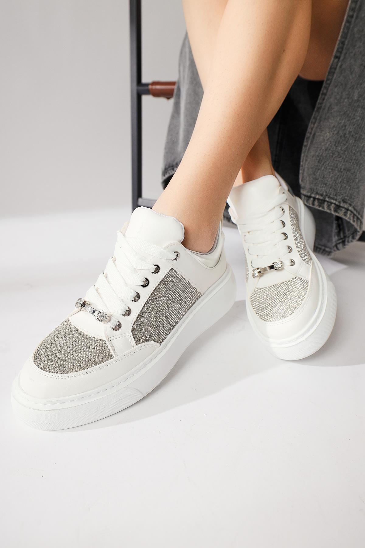 Sonnie White Thick Soled Stone Detail Sneakers