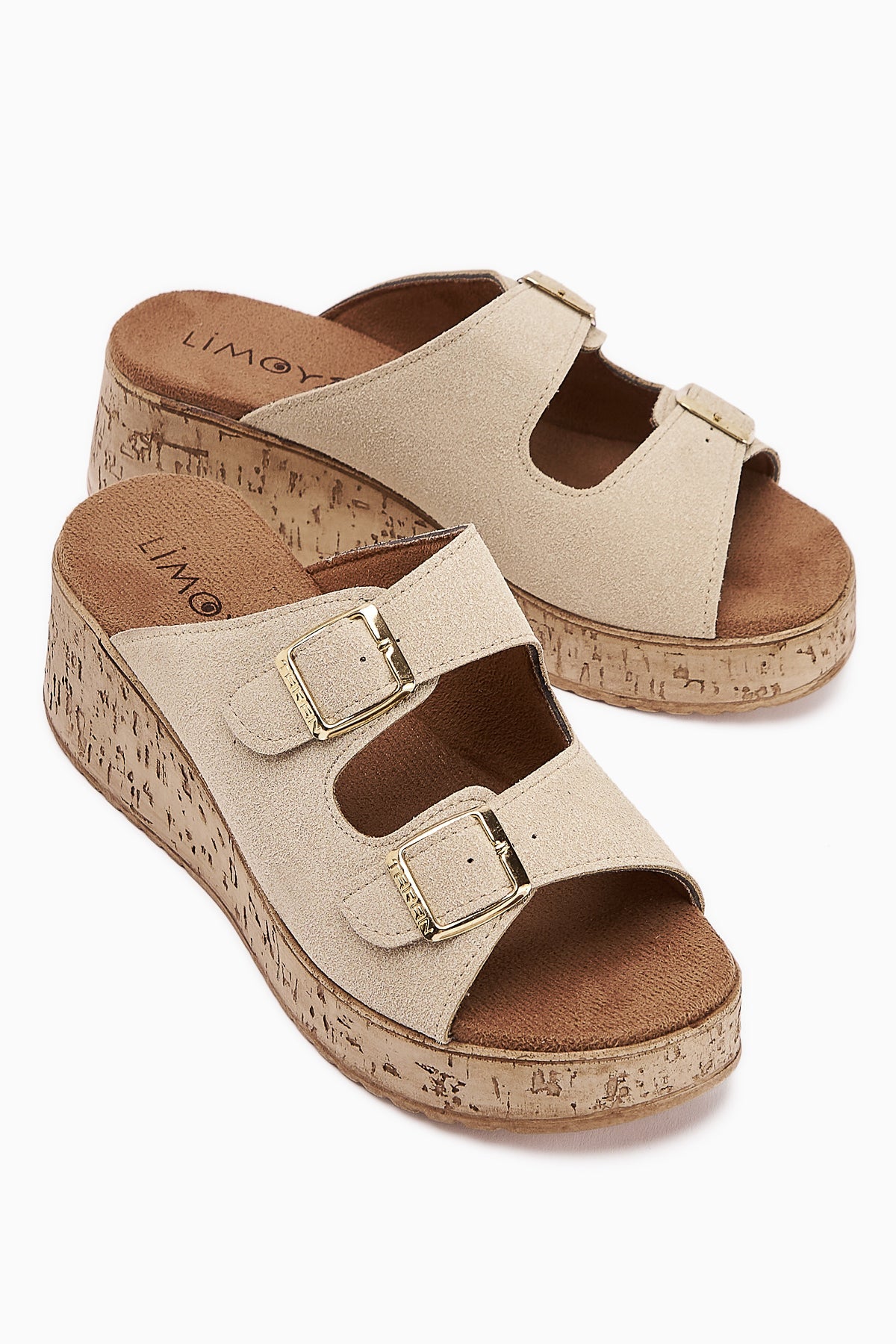 Samina Beige Wildleder Doppelriemen Blockabsatz Damen Hausschuhe