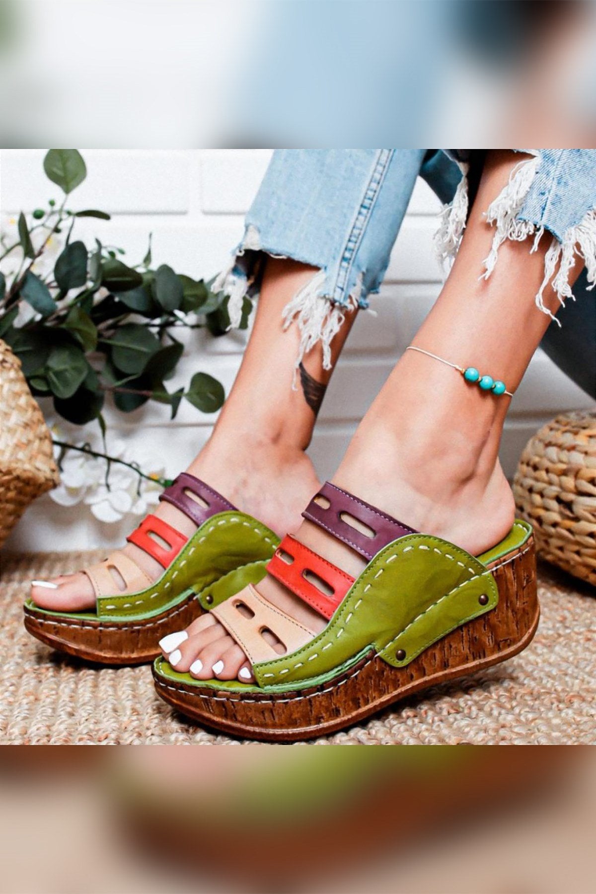 Etta Echtes Leder Grün, Lila, Rot, Nude Laser Cut Slide Sandalen (Vollständig Orthopädisch)