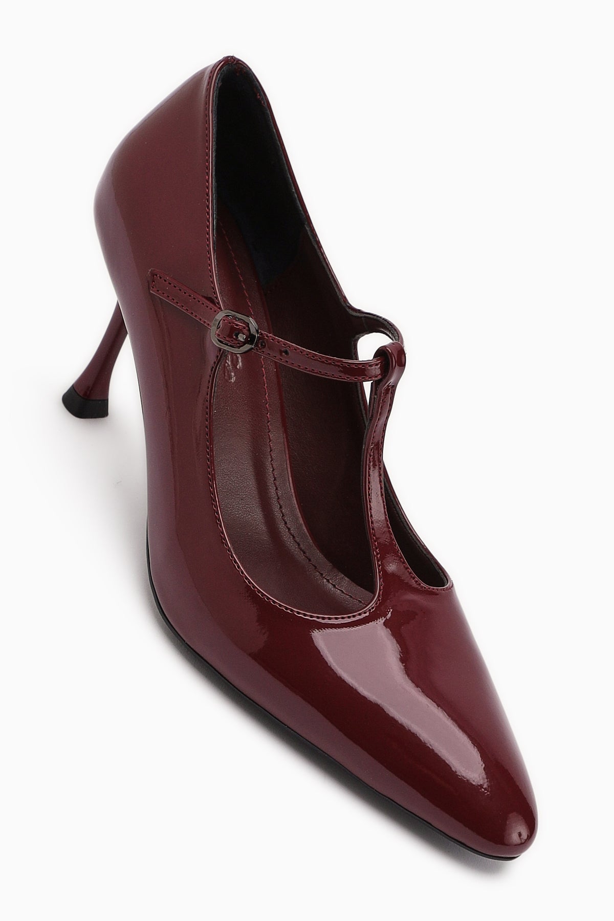 Sania Burgundy Patent Leather Belted High-Heeled Women's Shoe