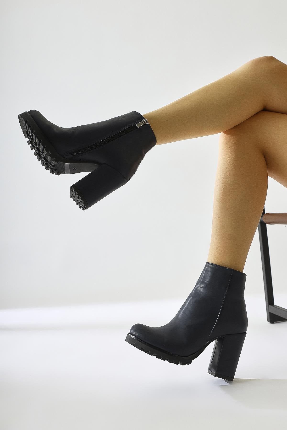 Bahiya – Navy Leather-Look Round-Toe Zippered Heeled Boot (Women)