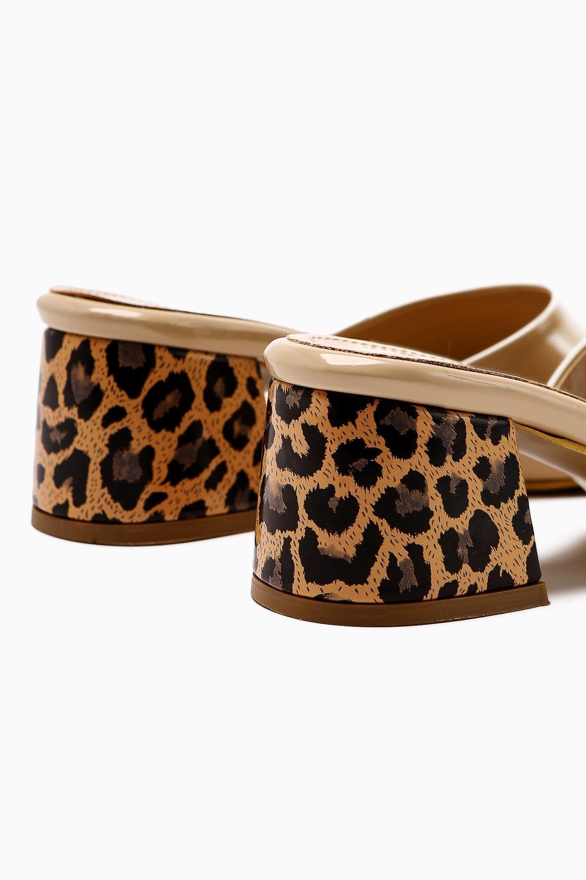Morena Beige Patent Leather Leopard Detailed Short Heeled Women's Slippers