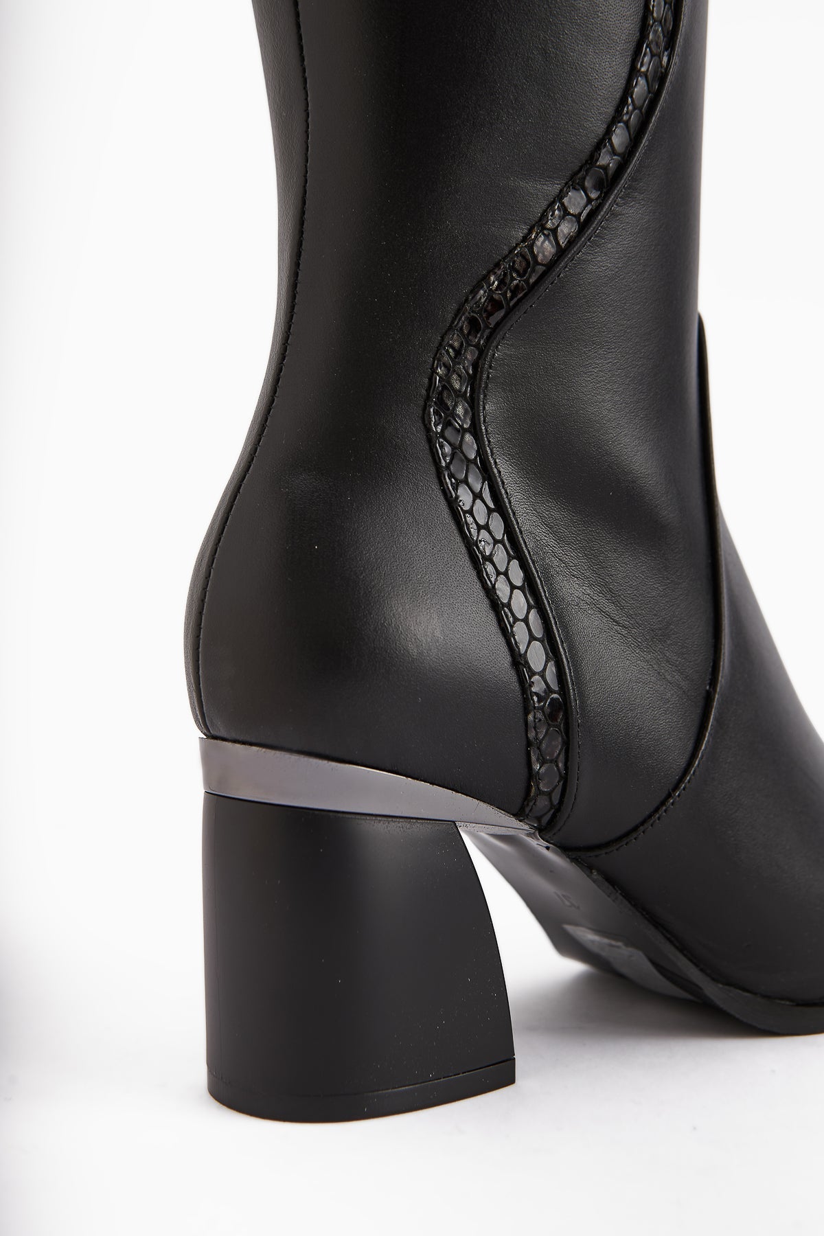 Kaylin Genuine Leather Black Heeled Boot with Snake Pattern Detail