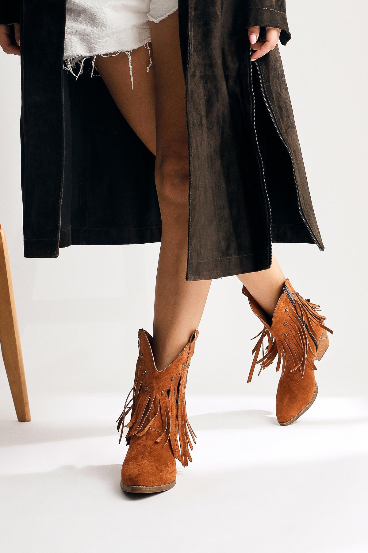 Lillebeth Tan Suede Tassel Stud Detail Western Boots