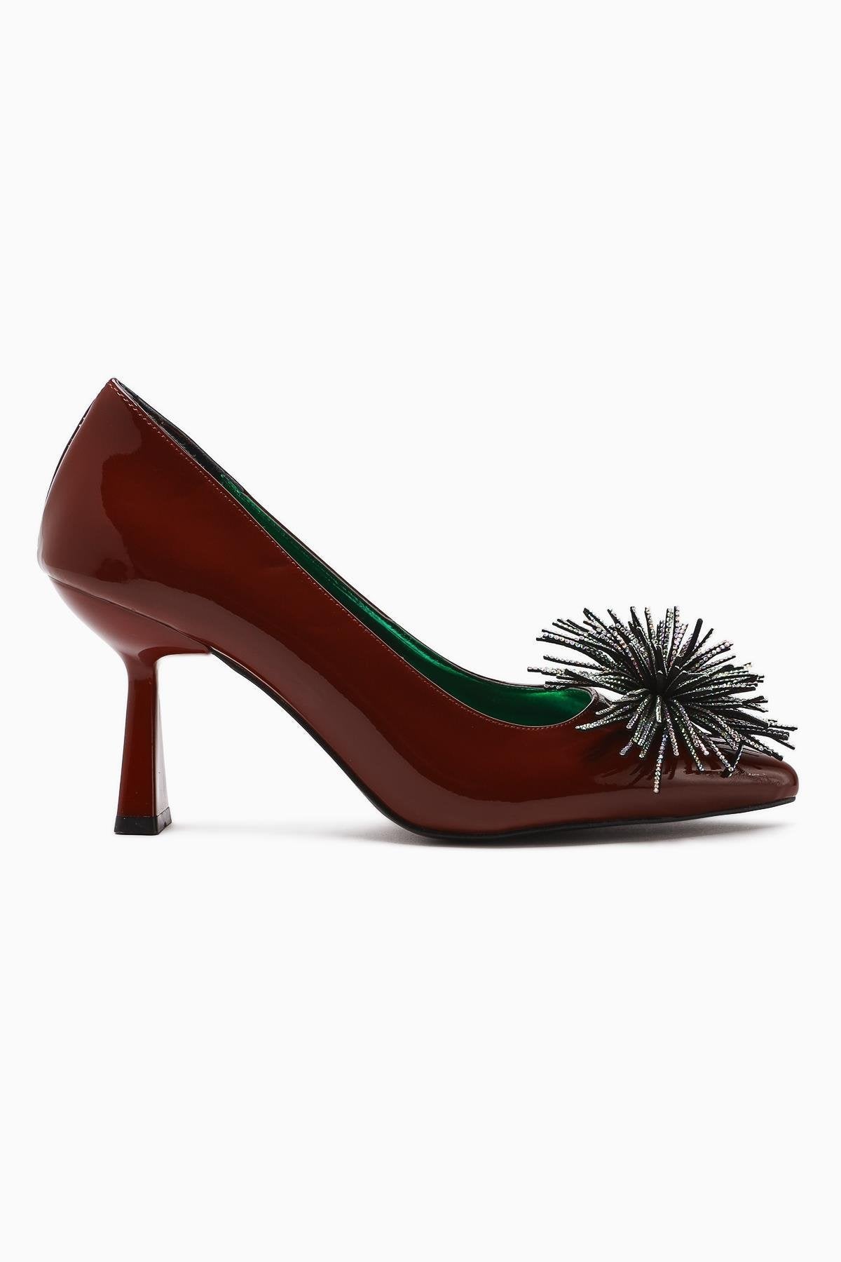 Choi Claret Red Patent Leather Pointed Toe Stone Tassel Detailed Heeled Women's Shoes