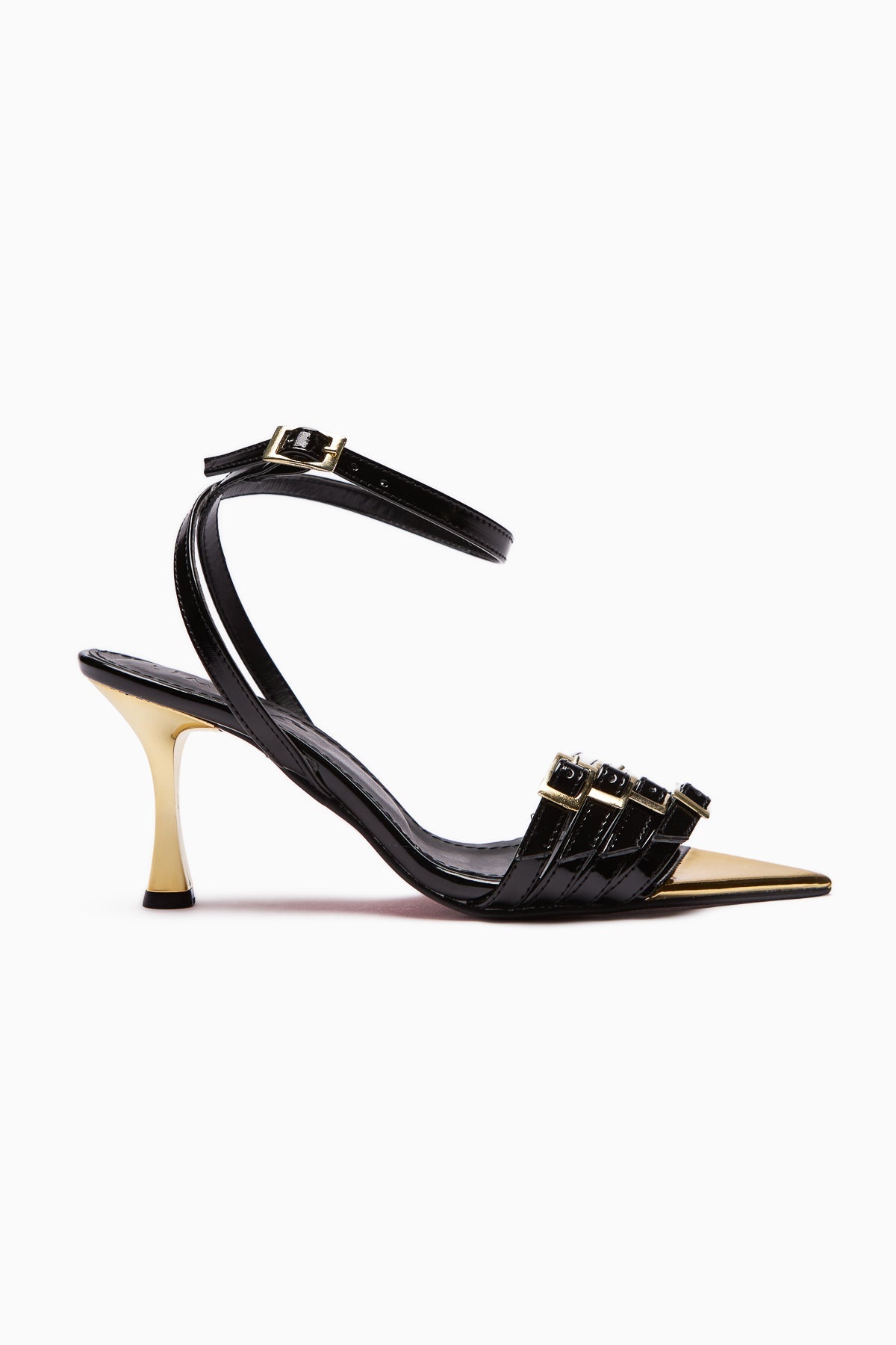 Helna Schwarze Stiletto-Sandalen für Frauen mit Goldschnalle und Knöchelriemen