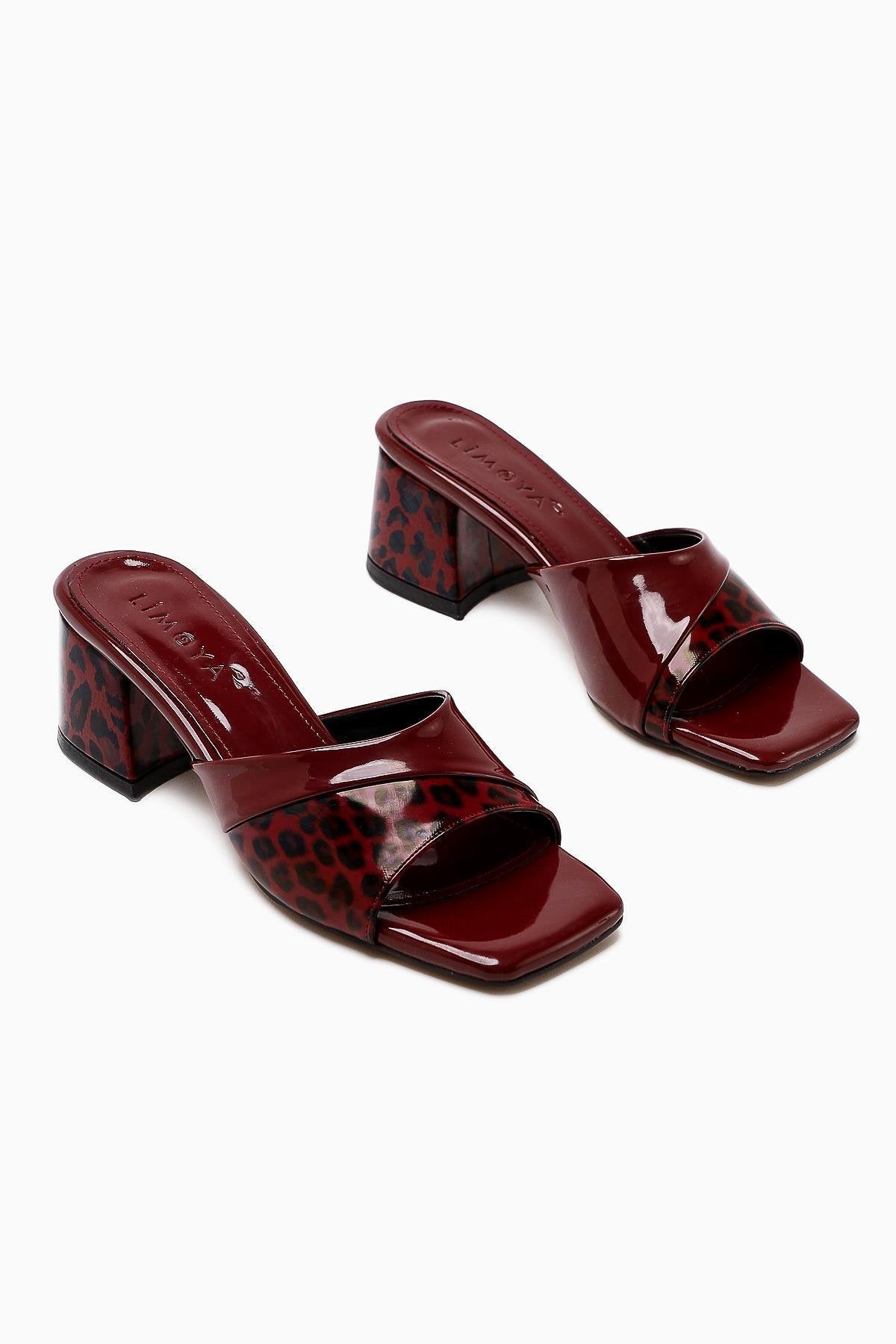 Morena Claret Red Patent Leather Leopard Detailed Short Heeled Women's Slippers