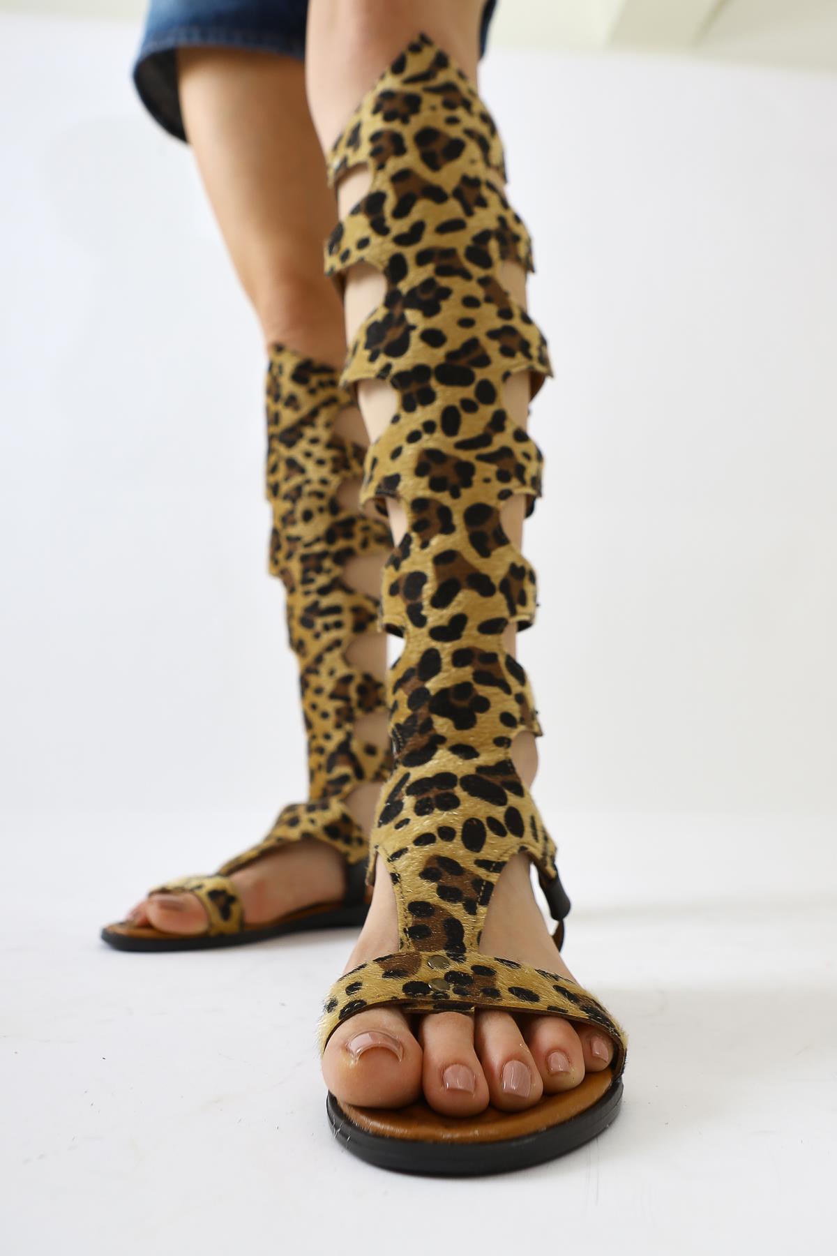 Genuine Leather Hades Black-Leopard Below Knee Gladiator Sandals