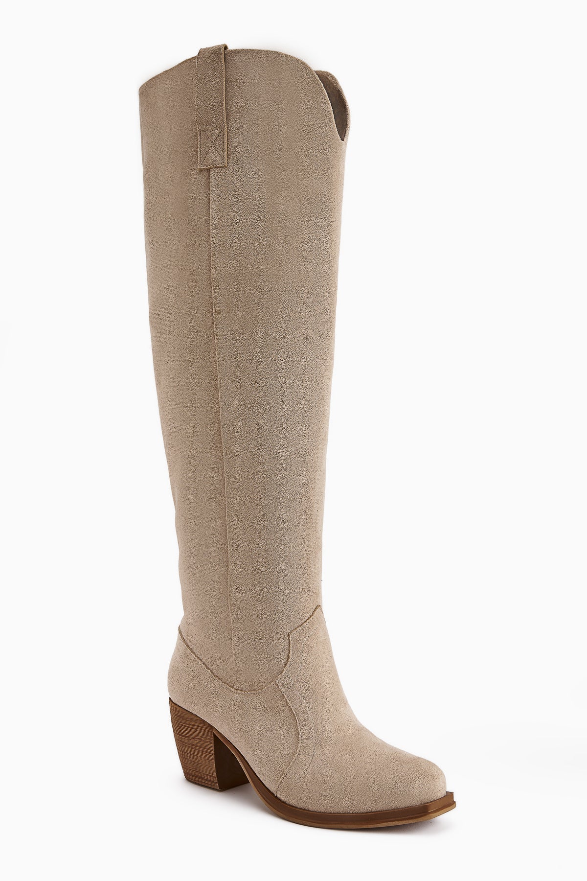 Leya Beige Suede Heeled Boot without Zipper
