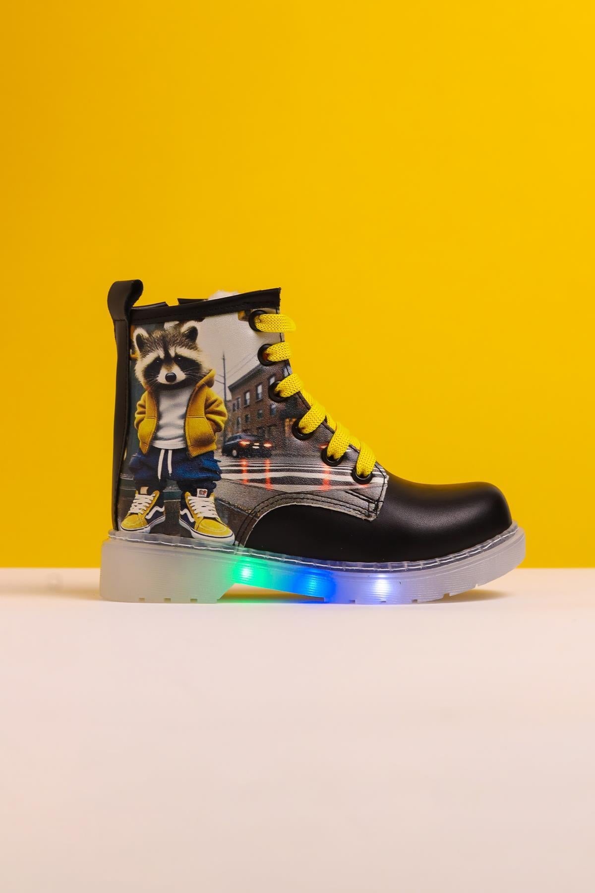 Karla Schwarz Gestreifte Charakterdruck Schnür-Licht-Up Kinderstiefel