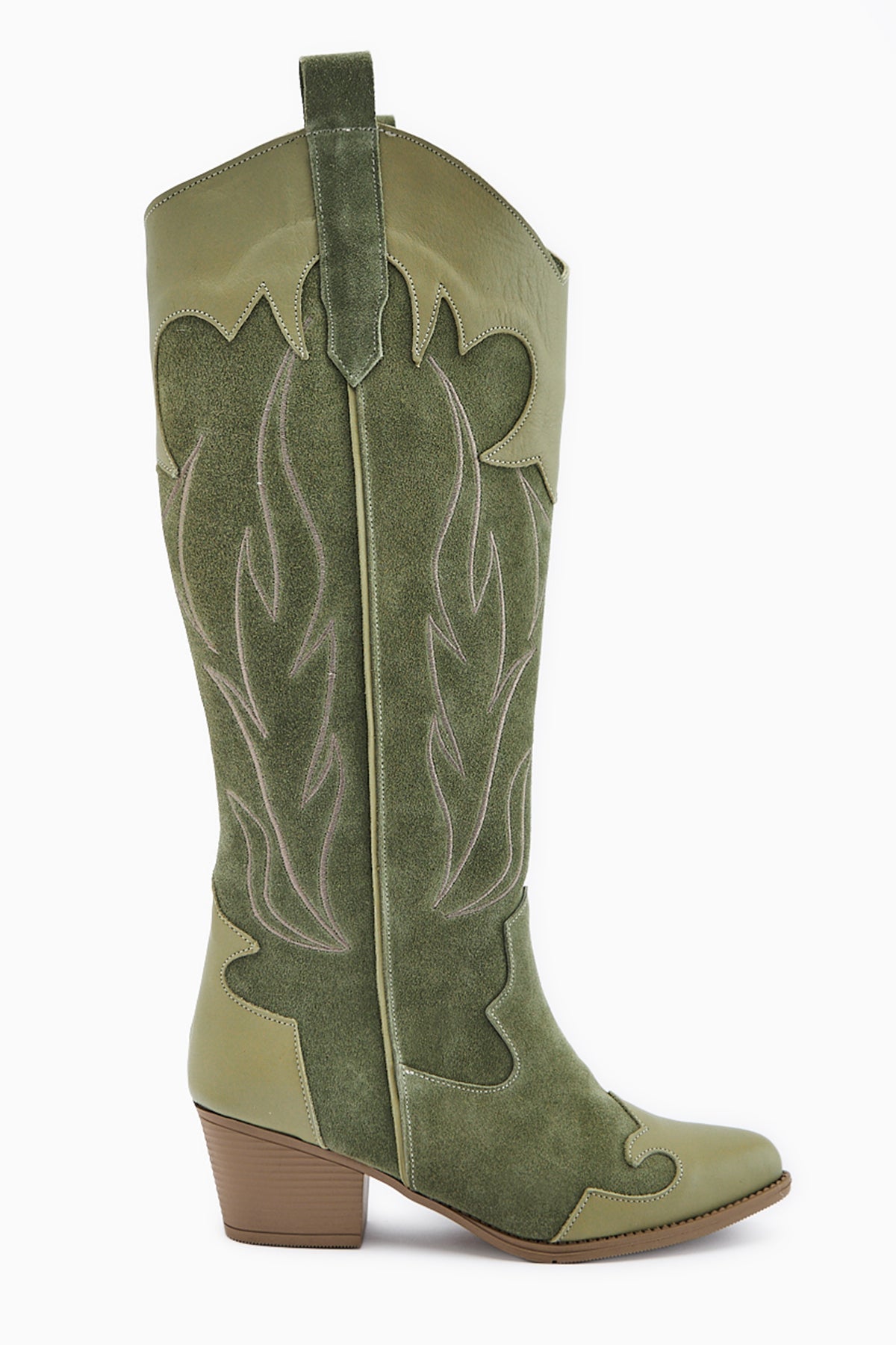 Lara Genuine Leather Olive Suede Embroidered Leather Detailed Heeled Western Boot