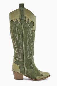 Lara Genuine Leather Olive Suede Embroidered Leather Detailed Heeled Western Boot