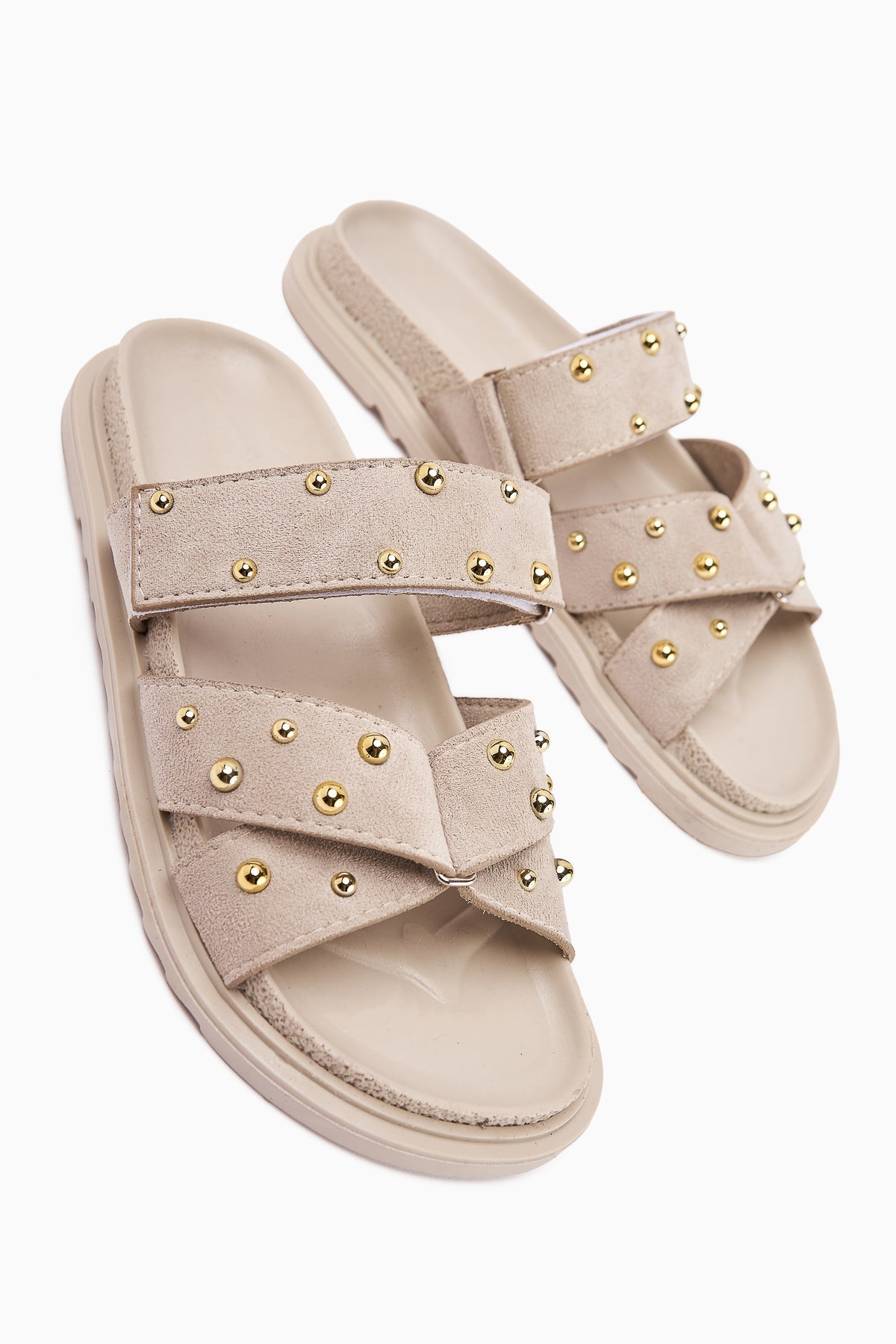 Mino Beige Cross-Strap Studded Women's Slippers