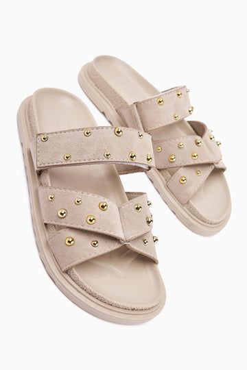 Mino Beige Cross-Strap Studded Women's Slippers