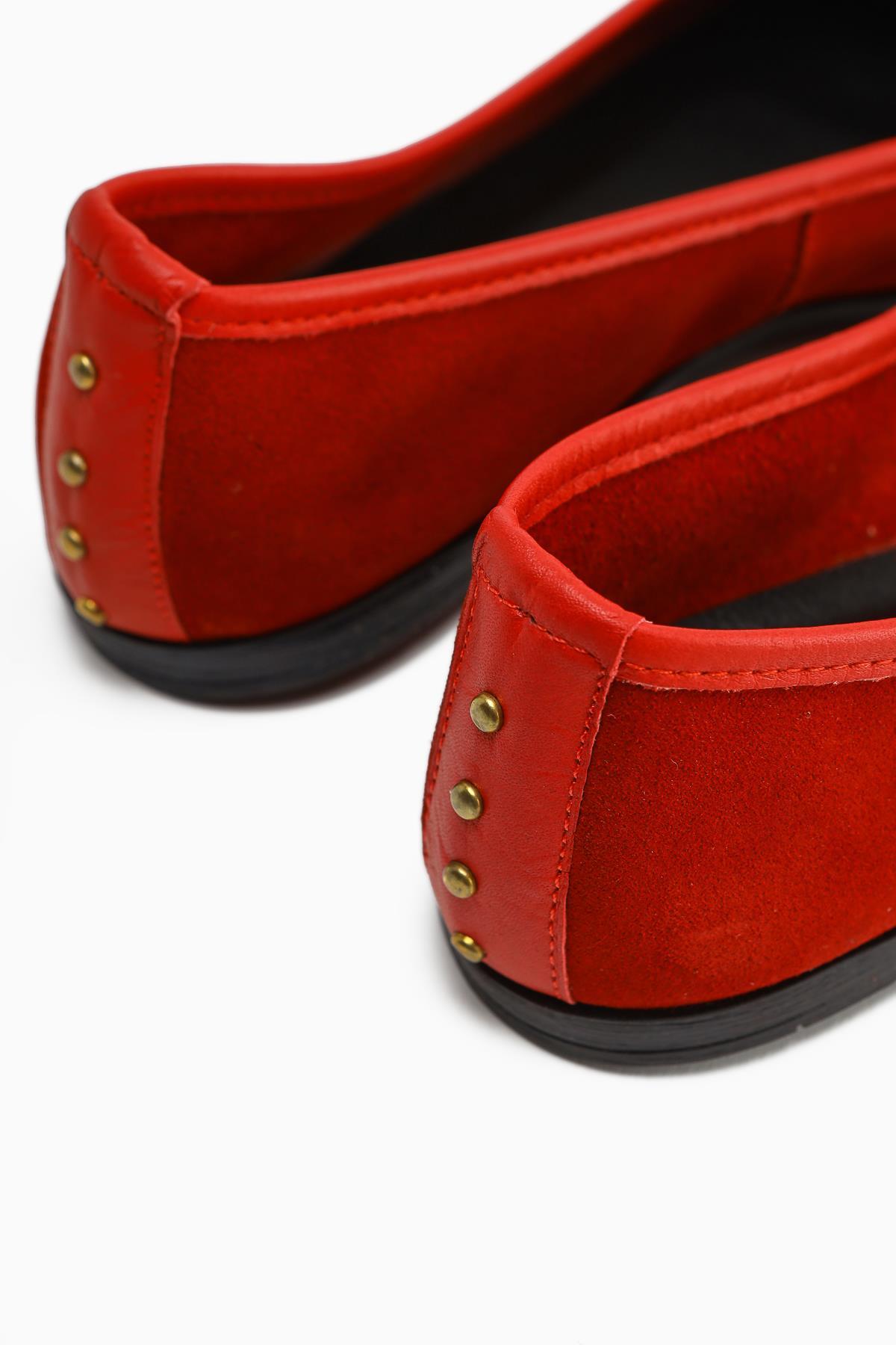 Genuine Leather Alfreda Red Suede Leather Detailed Bow Women's Ballerinas