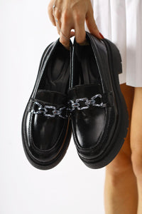 Roxne Black Crinkle Patent Leather Buckle Detailed Loafers