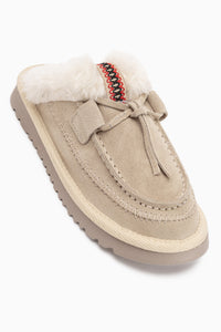 Tisha Echtes Leder Beige Wildleder Fell Detail Damen Pantoletten