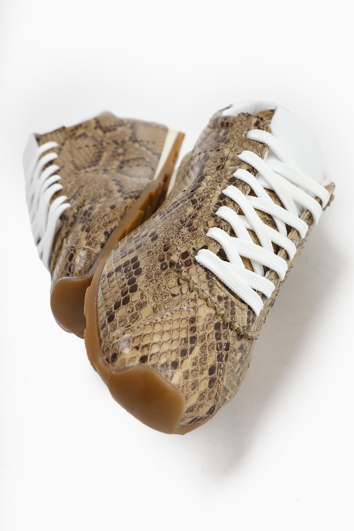 Genuine Leather Alisa Beige Crocodile Leather Printed Lace-Up Casual Women's Shoes