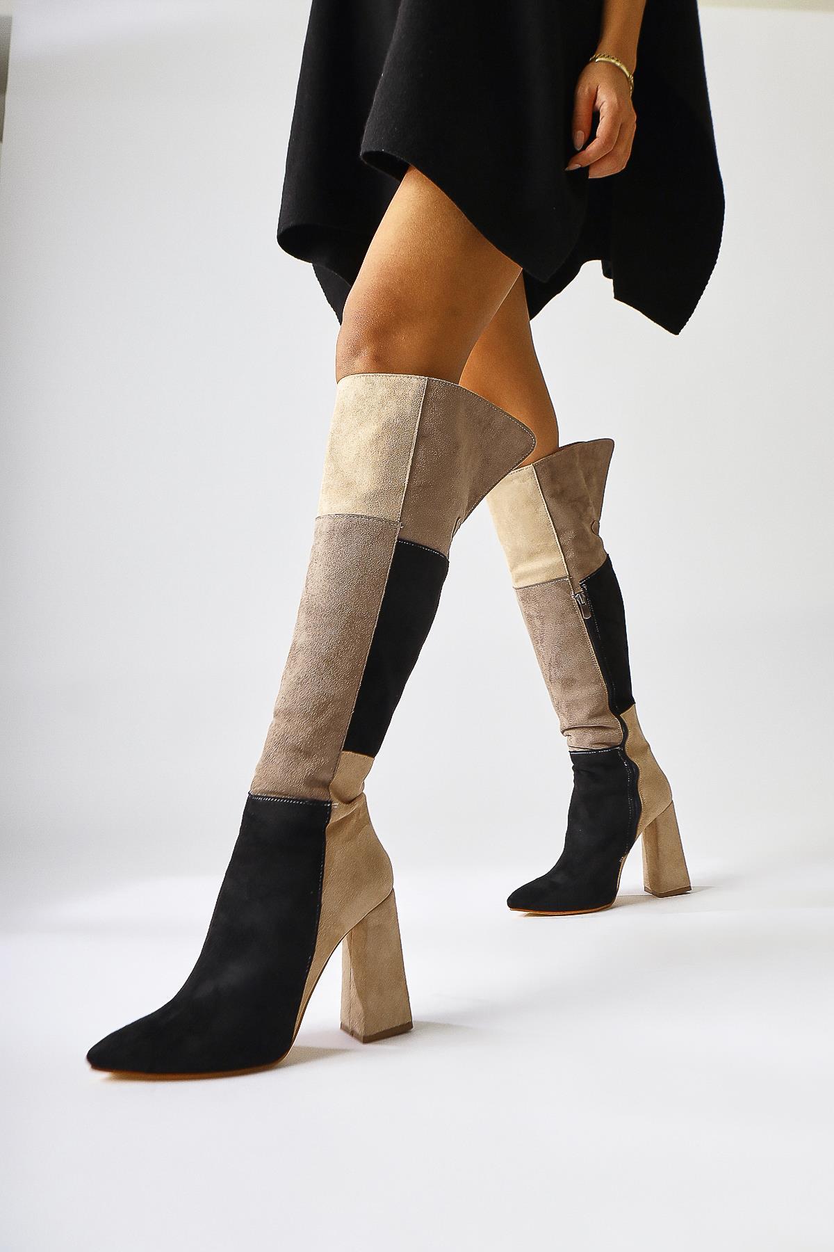 Kamiyah Schwarz Beige Overknee-Stiefel