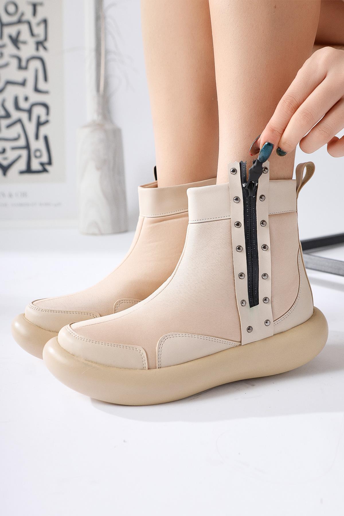 Maeda Beige Diving Fabric Stud and Zipper Detailed Boots