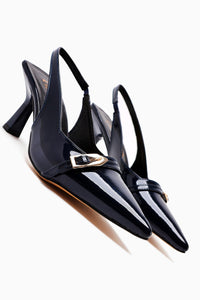 Camillas Navy Blue Patent Leather Pointed Toe Buckle Detailed Women's High Heel Shoes