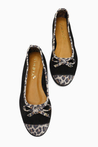 Echtes Leder Alfreda Schwarz Wildleder Leoparden Detail Damen Ballerinas