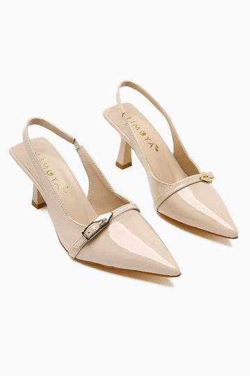Camillas Beige Patent Leather Pointed Toe Buckle Detailed Women's High Heel Shoes