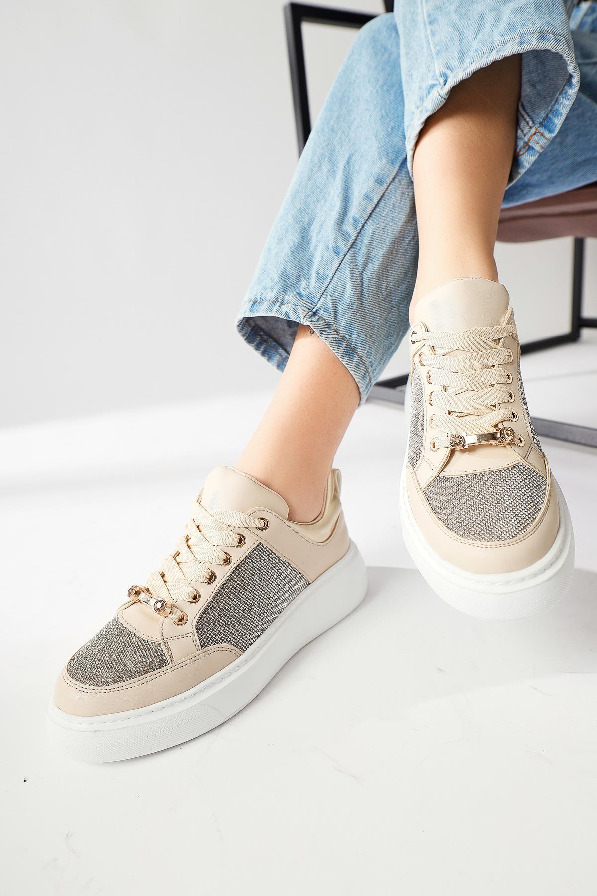 Sonnie Cream Thick Soled Stone Detail Sneakers