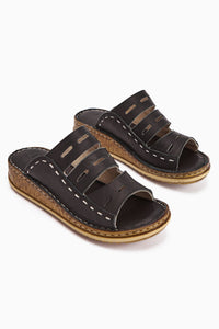 Joelle Genuine Leather Black Comfort Laser Cut Slippers