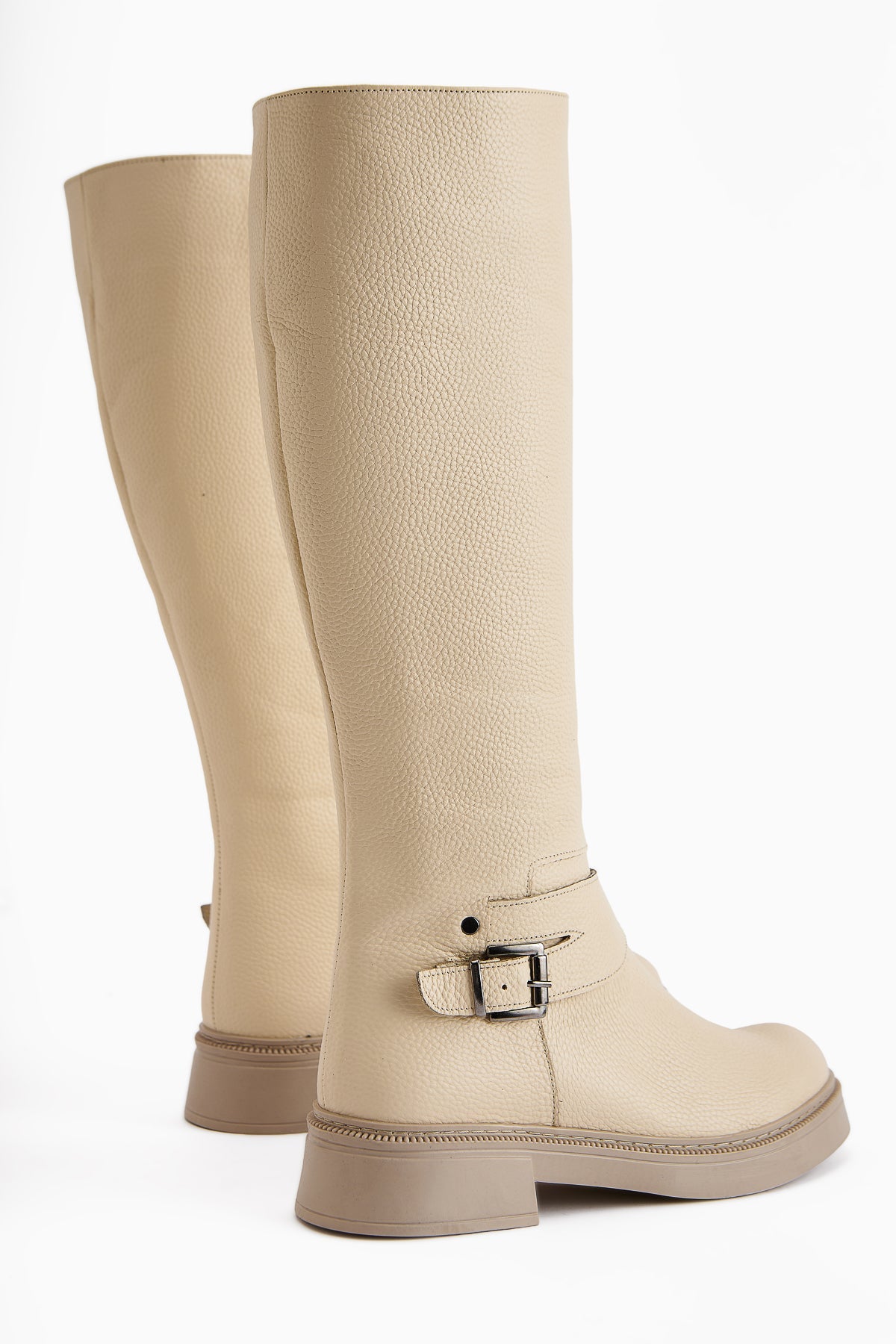 Penda Genuine Leather Beige Buckle Detail Women's Zipper Boot