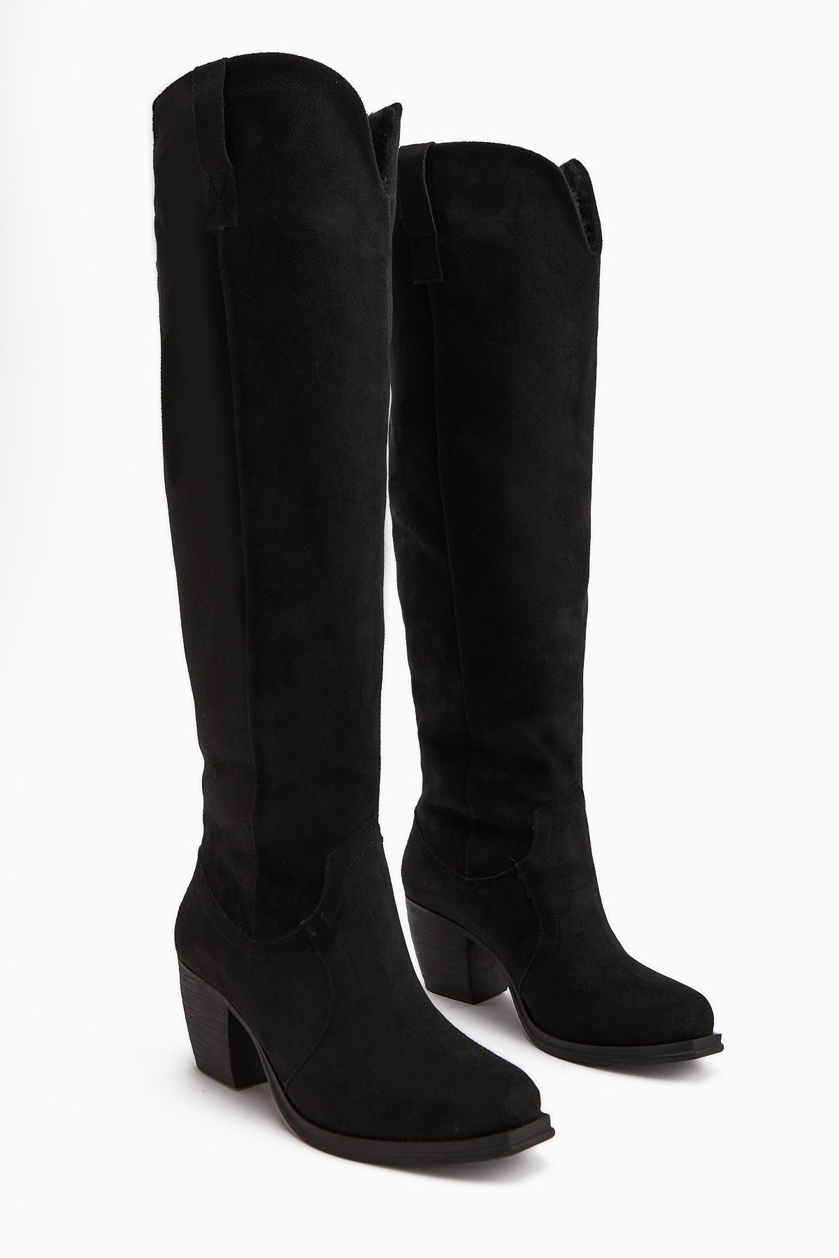 Leya Black Suede Heeled Boot without Zipper