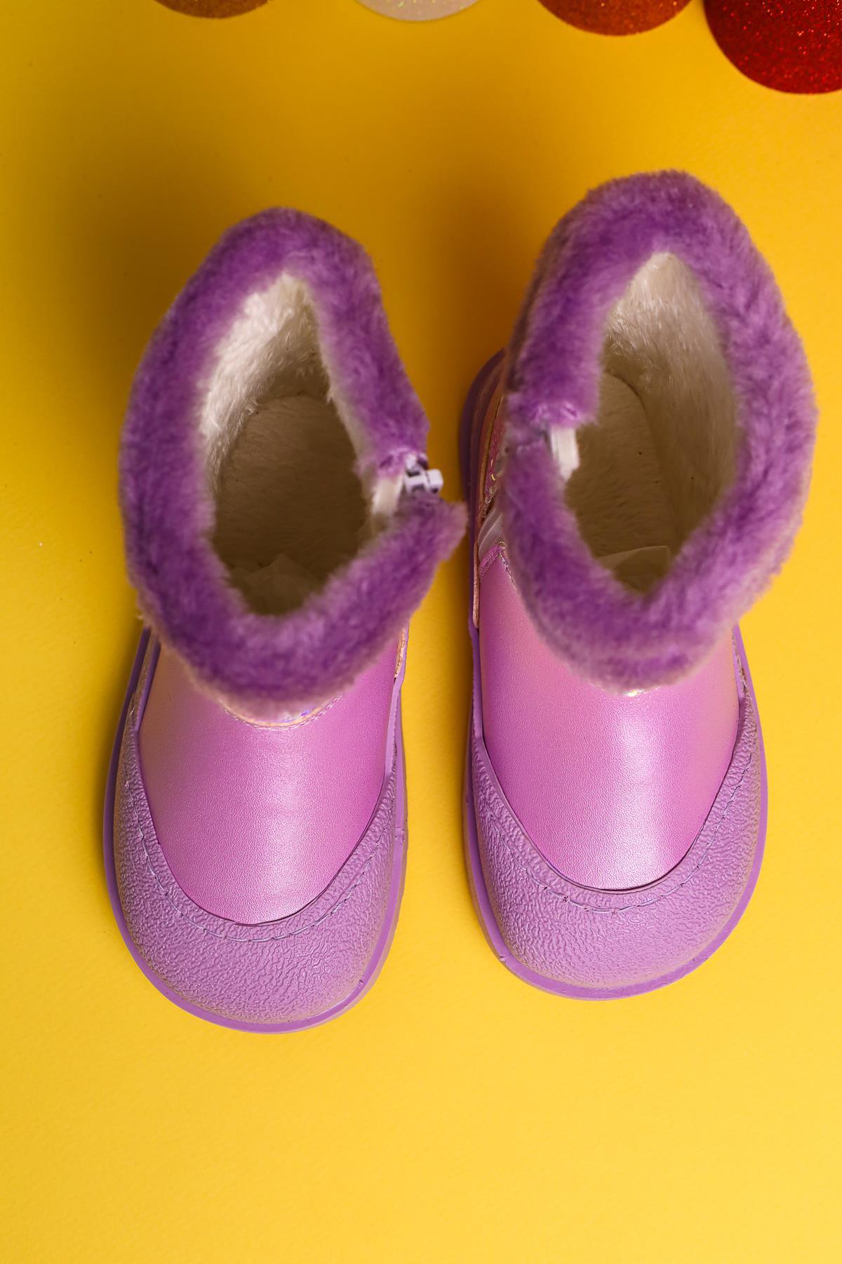 Hanne – Lila Stiefelette mit Pailletten und veganem Fellfutter (Kinder)