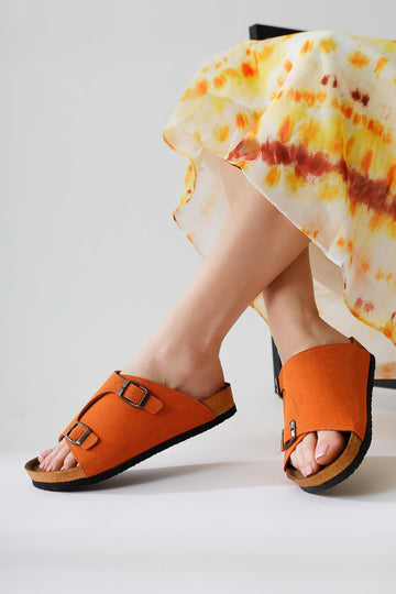 Christella – Orange [Echtleder] Velours Slide mit Doppel-Schnallen-Detail (Damen)