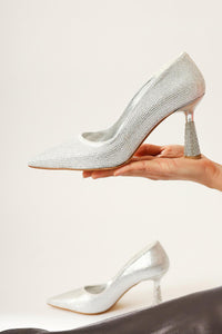Minoue Silver Stone-Encrusted Pointed Toe High Heel Shoes