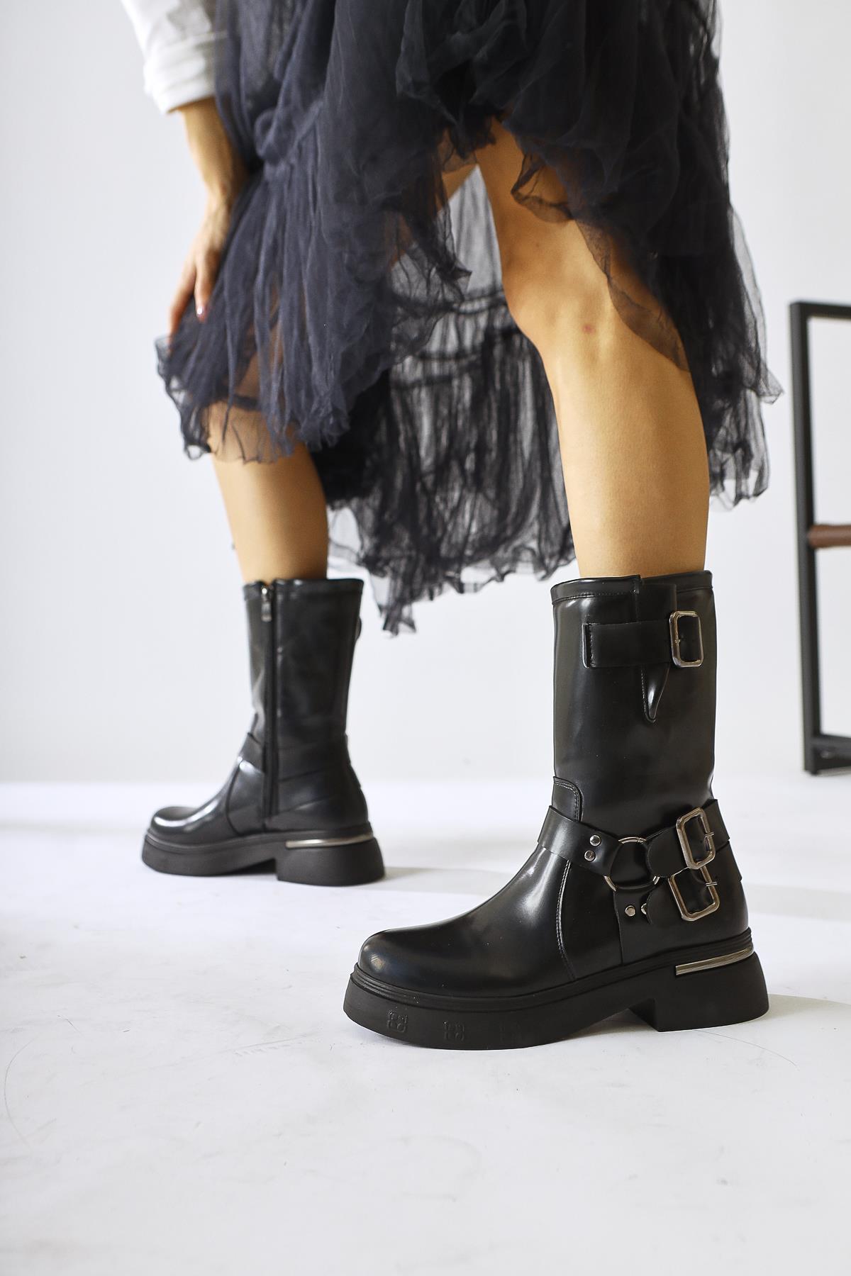 Joann – Black Buckle-Detail Biker Boot (Women)