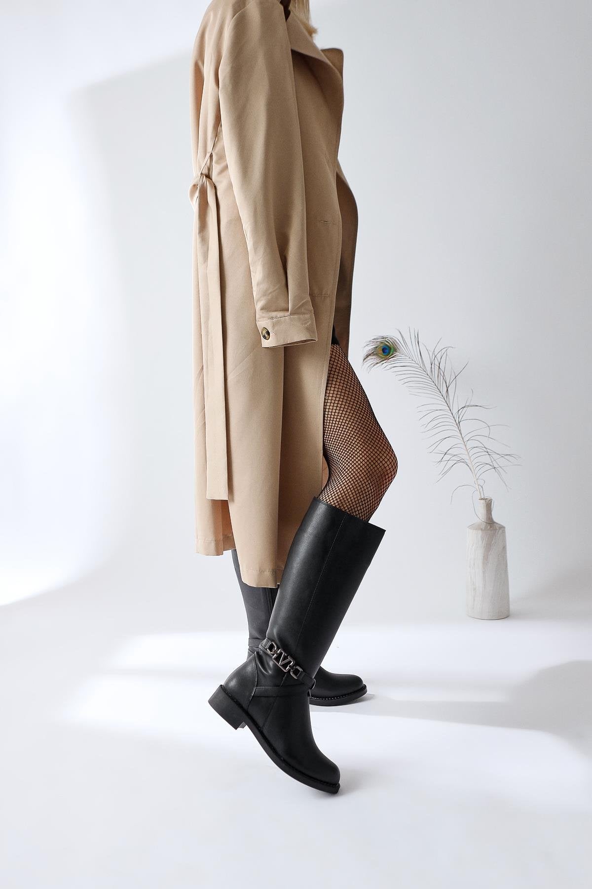 Momena Black Buckle Detail Zippered Low Heel Boots