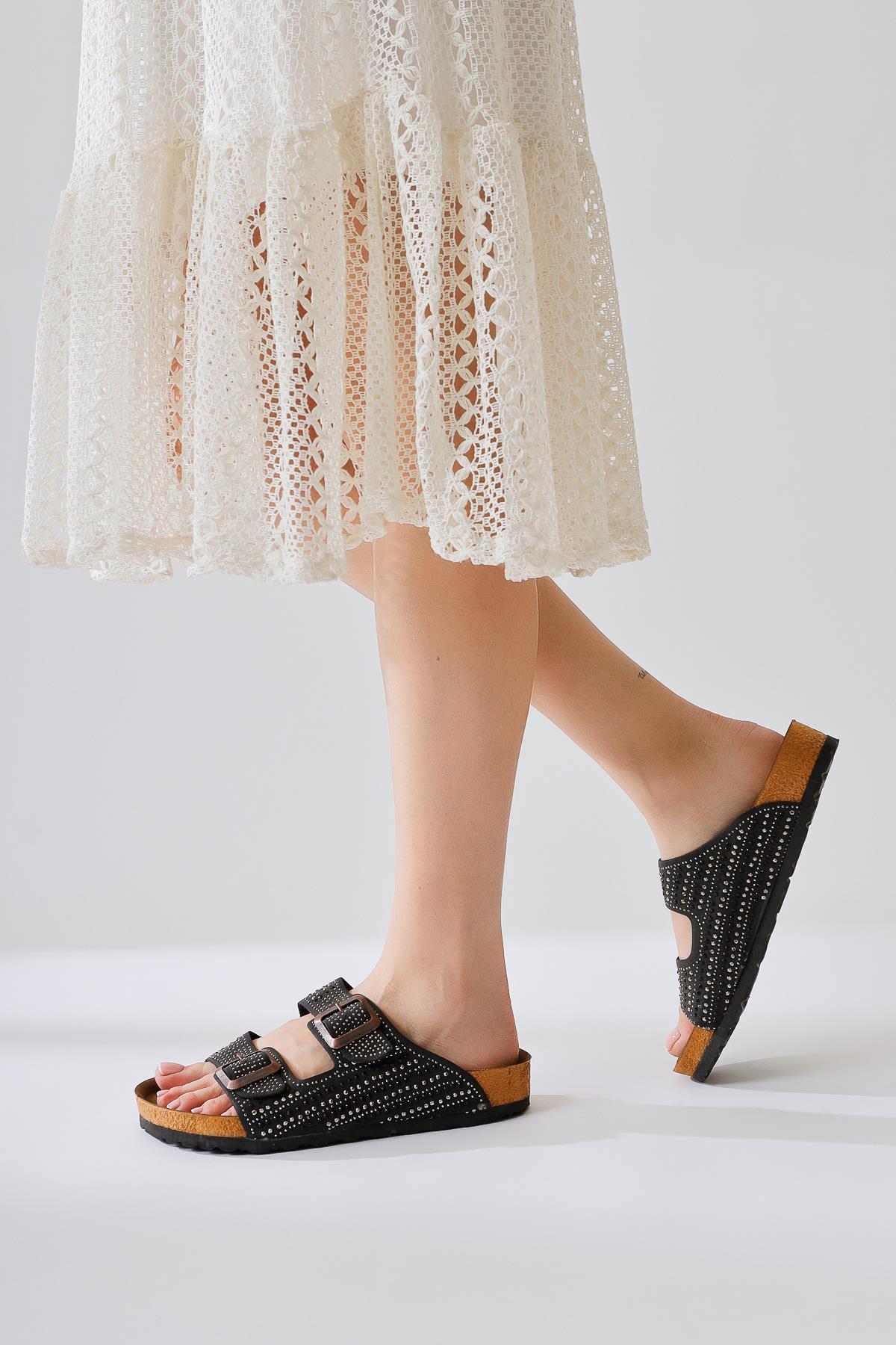 Aire Black Double Banded Stone Detailed Slippers