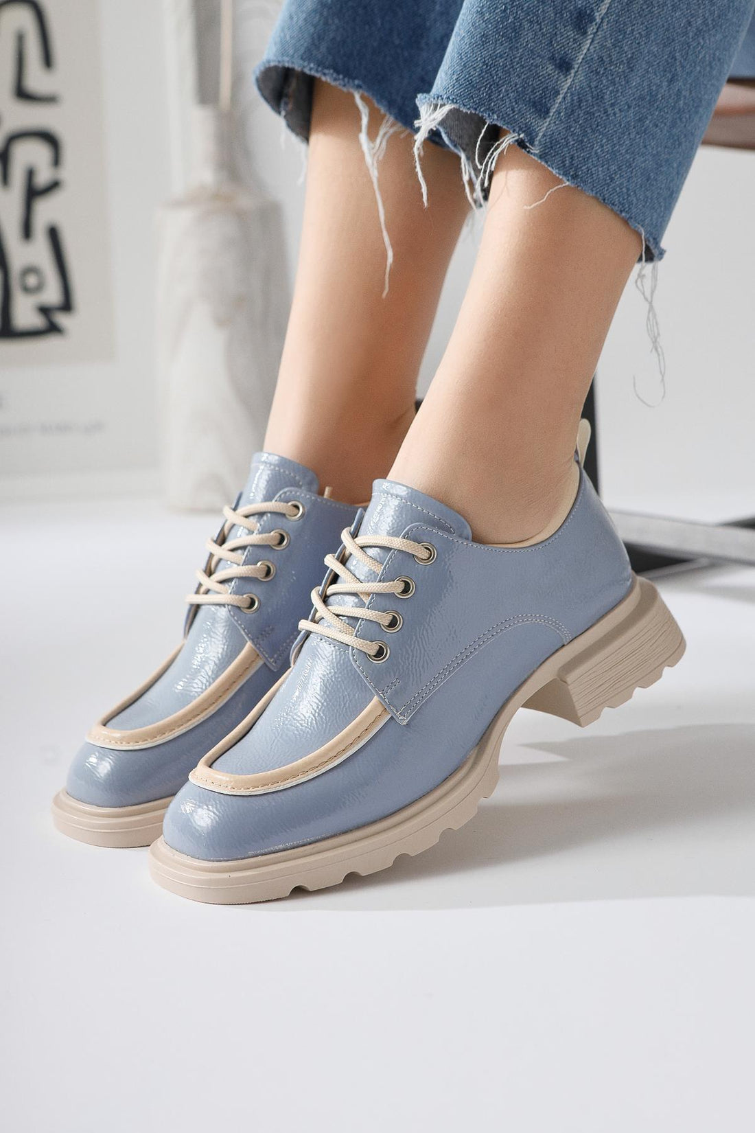 Niven – Blau/Beige Knitter-Lack Loafer