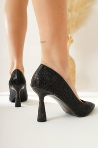 Minoue Black Stone-Encrusted Pointed Toe High Heel Shoes