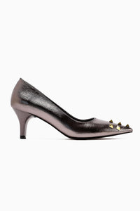 Anni Platinum Shiny Wrinkled Patent Leather Pyramidal Studded Heeled Women's Shoes