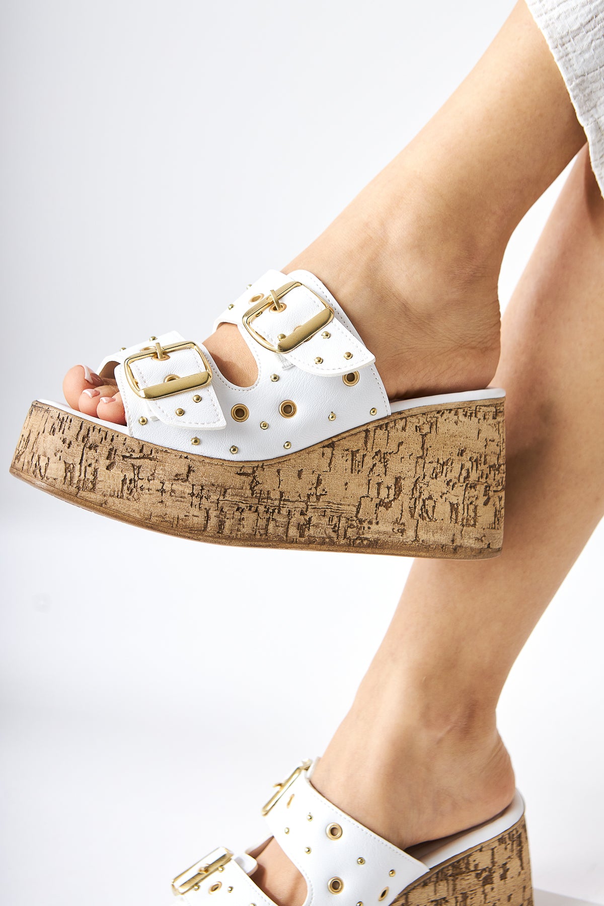 Genja White Trocque Wedge Heeled Women's Slippers