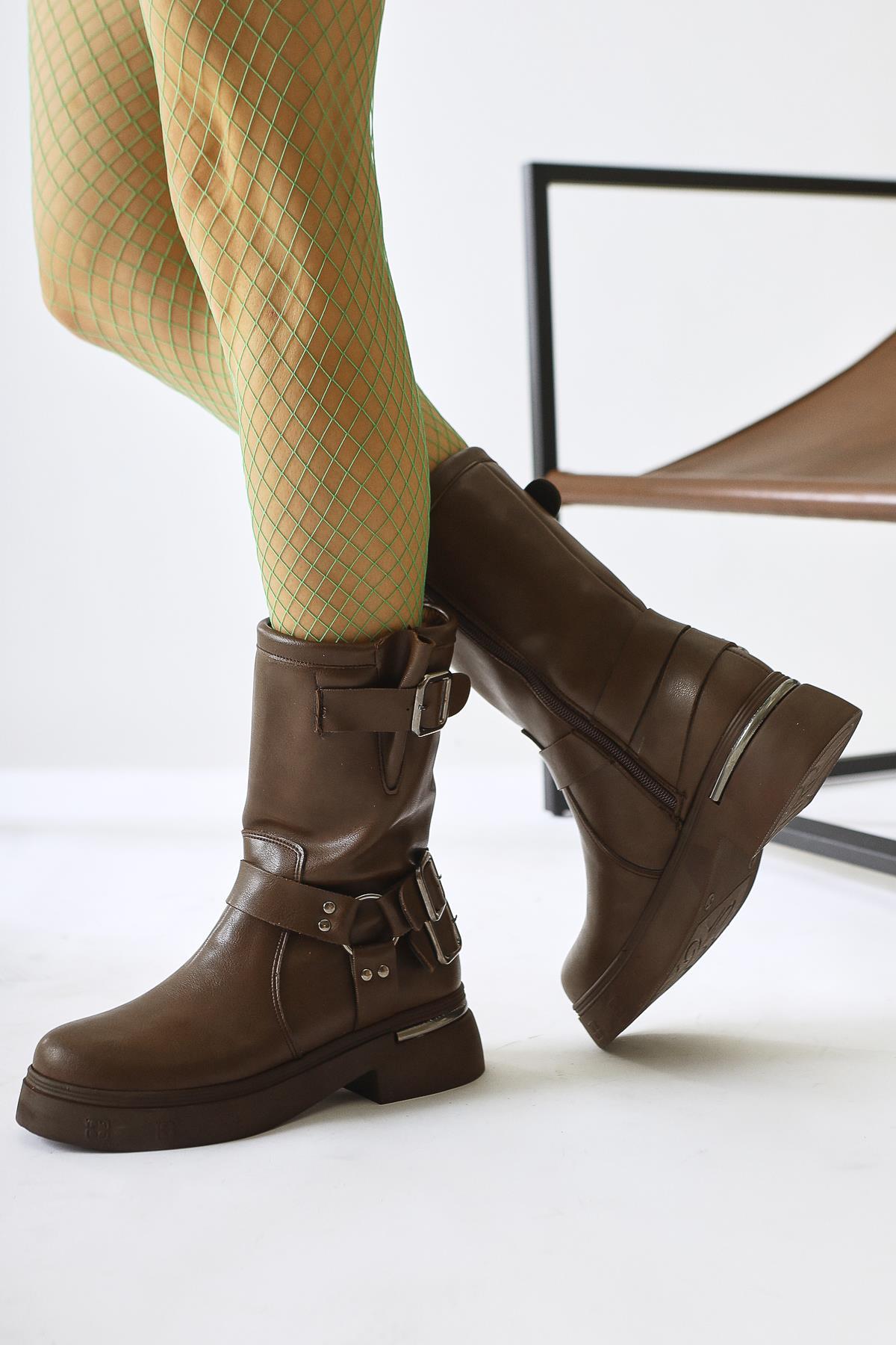 Joann – Brown Buckle-Detail Biker Boot (Women)